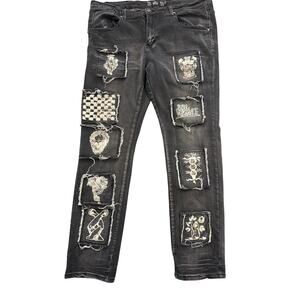 Rebel Vengeance Denim Jeans Slim Straight Y2K Skull Patched Gothic Mens 36x30
